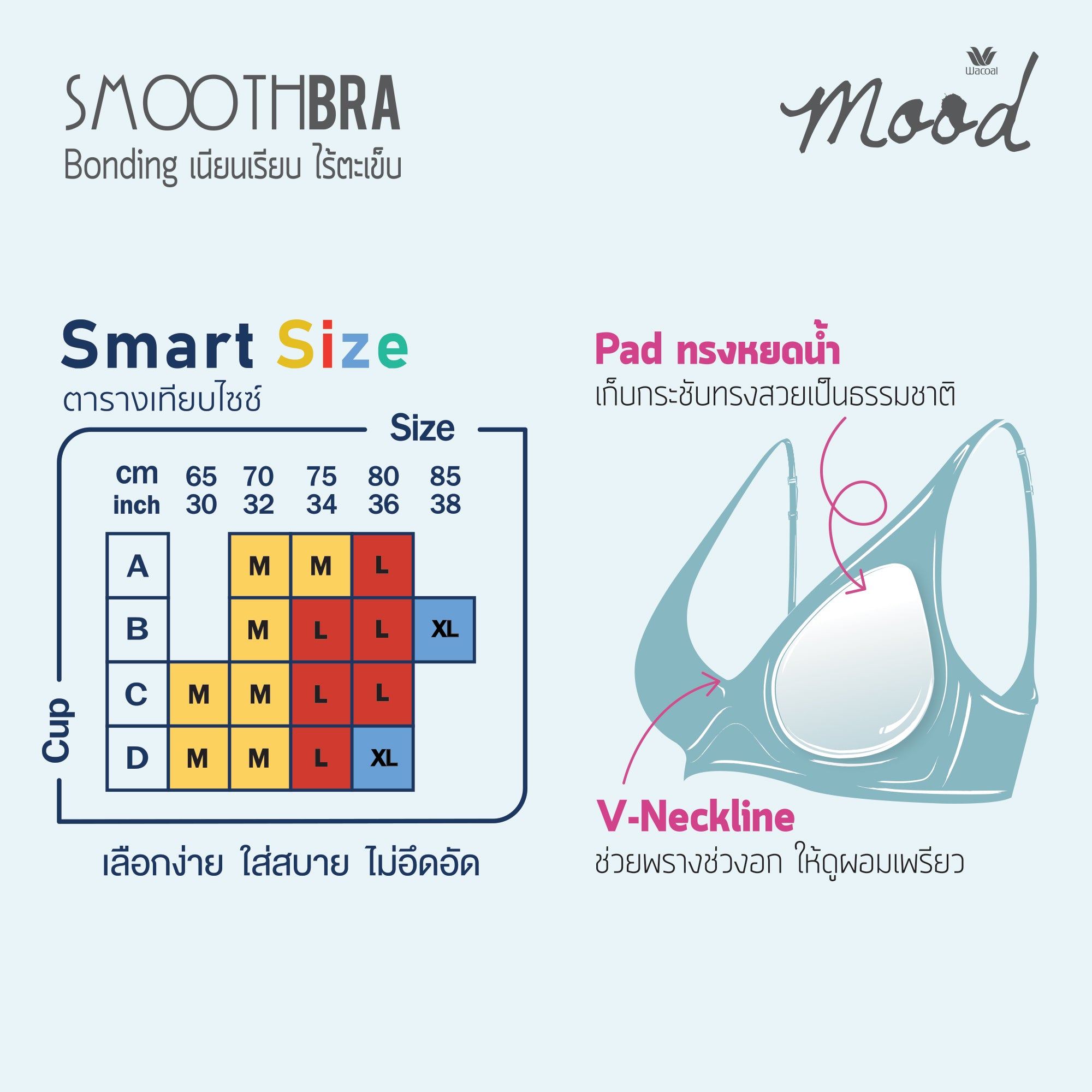 Wacoal ชุดชั้นเนียน บราไร้โครง Smart Size ฟองน้ำบาง รุ่น MM1X72 สีเบจ (BE)