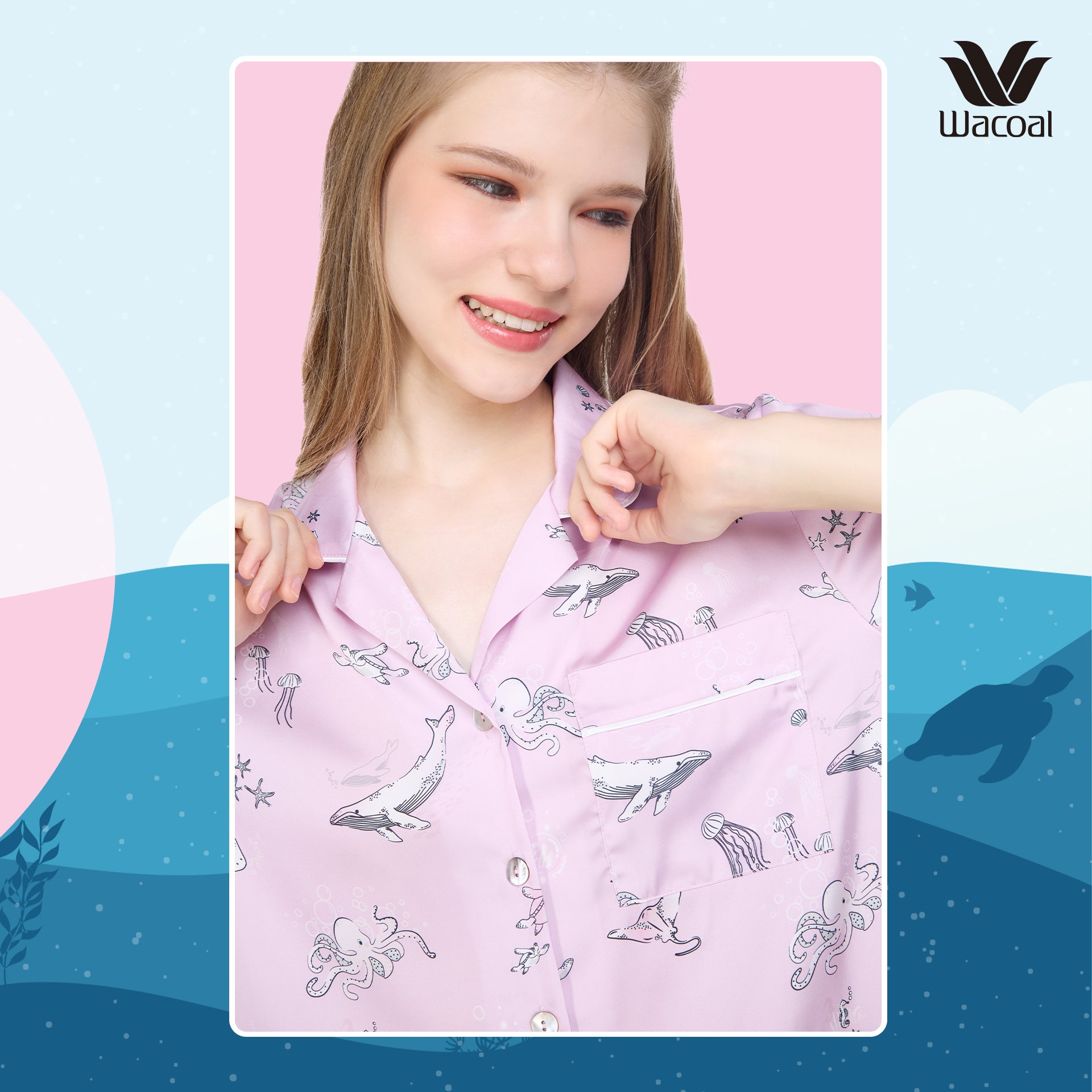 Wacoal Sleep wear ชุดนอนเสื้อแขนสั้น กางเกงขายาว ลาย Sea Life รุ่น WN7G05 สีชมพูอมม่วง (PL)