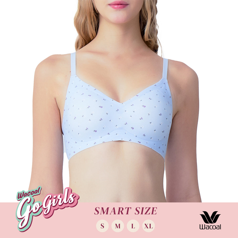 Wacoal Gogirls Smart Size บราไร้โครง ฟองน้ำบาง พิมพ์ลายดอกไม้ รุ่น WB3Y43 สีฟ้า (SX)