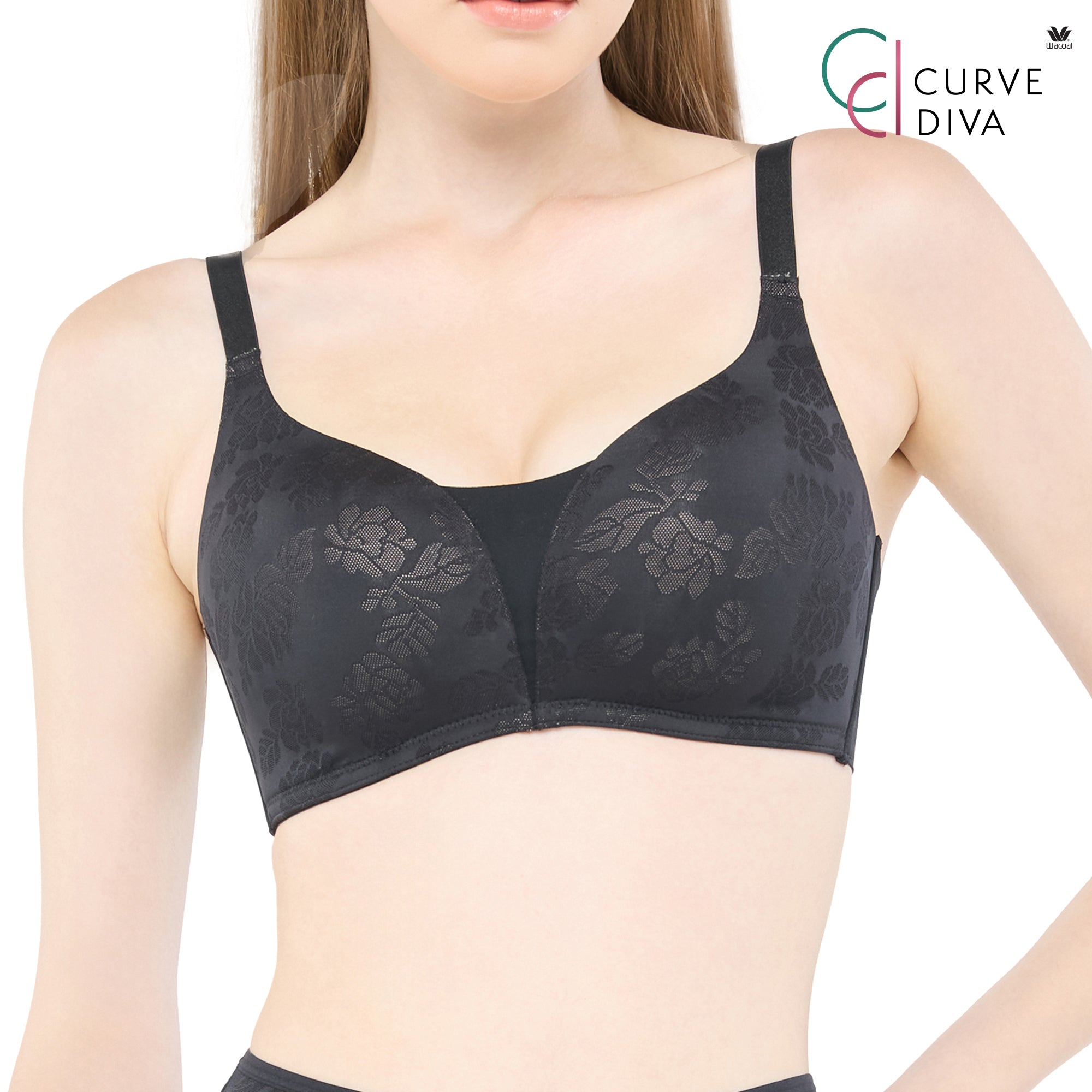 Wacoal Curve Diva บราไร้โครงเก็บกระชับ สาวคัพใหญ่ รุ่น WB7544/WQ1537 (เข้าคู่ MU7544)สีดำ (BL)