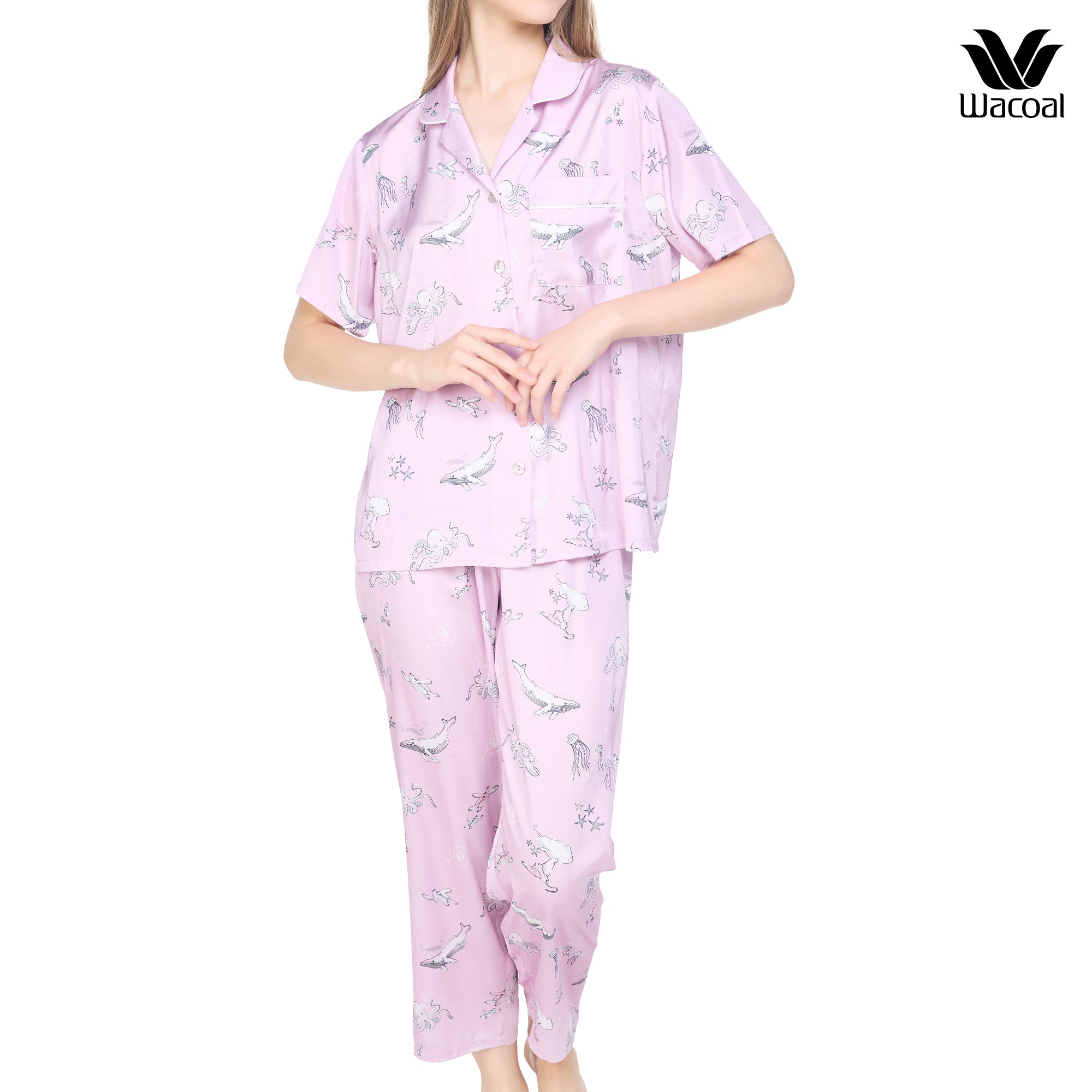 Wacoal Sleep wear ชุดนอนเสื้อแขนสั้น กางเกงขายาว ลาย Sea Life รุ่น WN7G05 สีชมพูอมม่วง (PL)