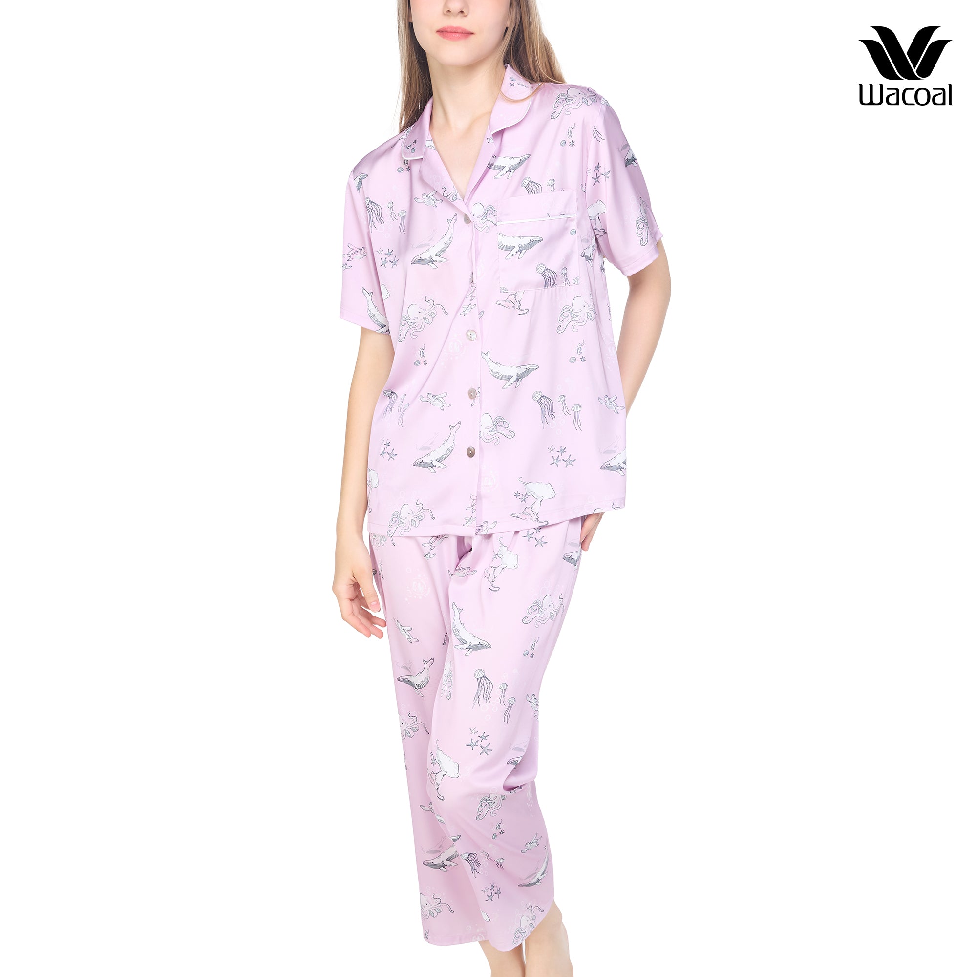 Wacoal Sleep wear ชุดนอนเสื้อแขนสั้น กางเกงขายาว ลาย Sea Life รุ่น WN7G05 สีชมพูอมม่วง (PL)