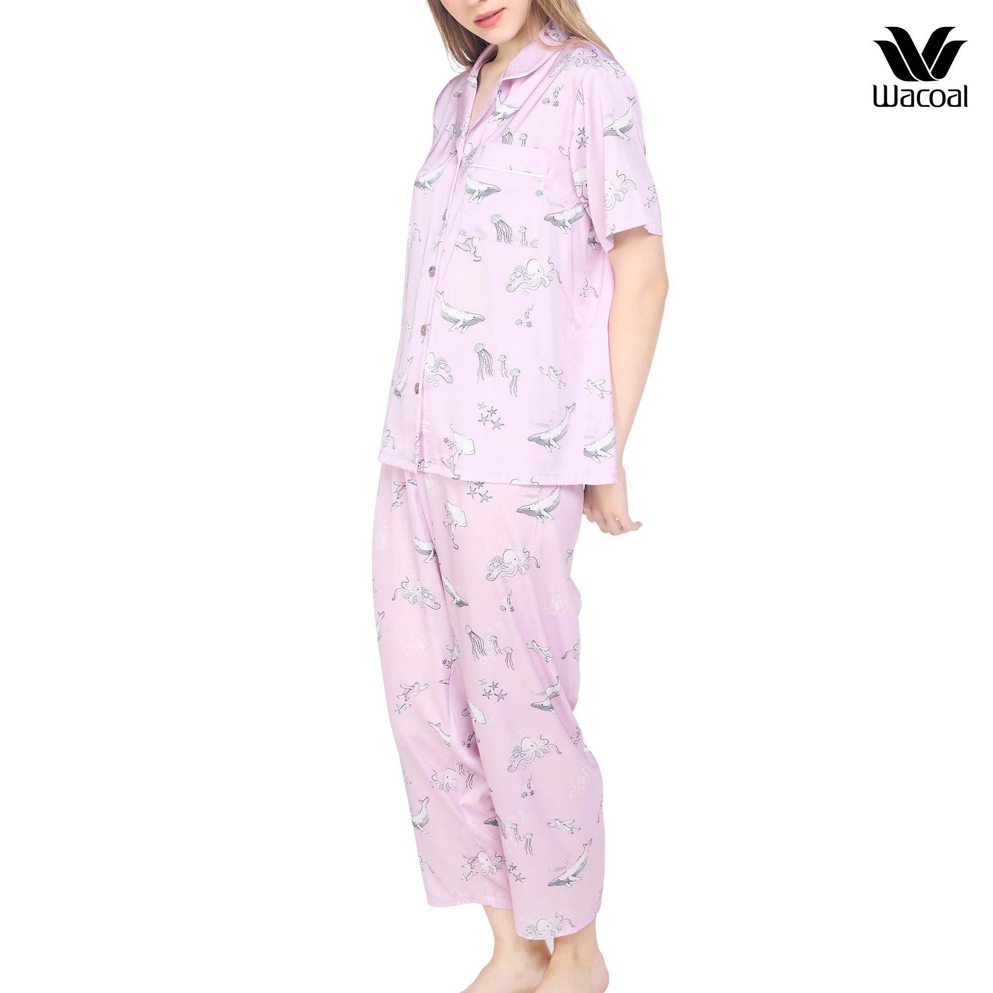 Wacoal Sleep wear ชุดนอนเสื้อแขนสั้น กางเกงขายาว ลาย Sea Life รุ่น WN7G05 สีชมพูอมม่วง (PL)