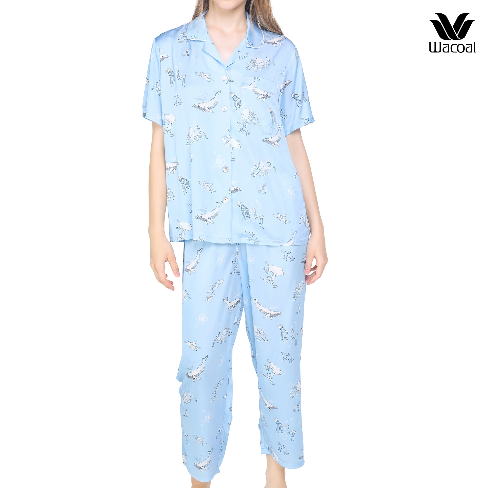 Wacoal Sleep wear ชุดนอนเสื้อแขนสั้น กางเกงขายาว ลาย Sea Life รุ่น WN7G05 สีฟ้า (ST)