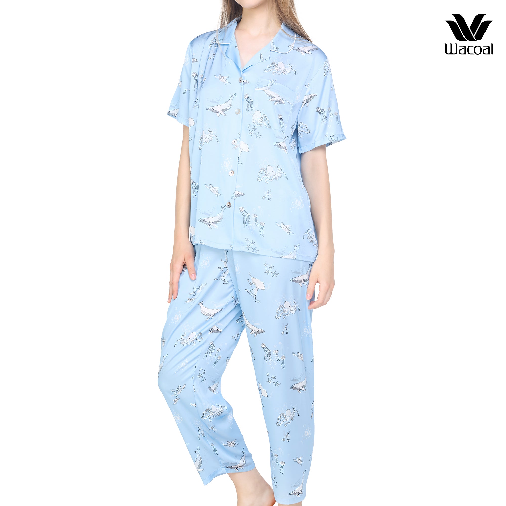 Wacoal Sleep wear ชุดนอนเสื้อแขนสั้น กางเกงขายาว ลาย Sea Life รุ่น WN7G05 สีฟ้า (ST)