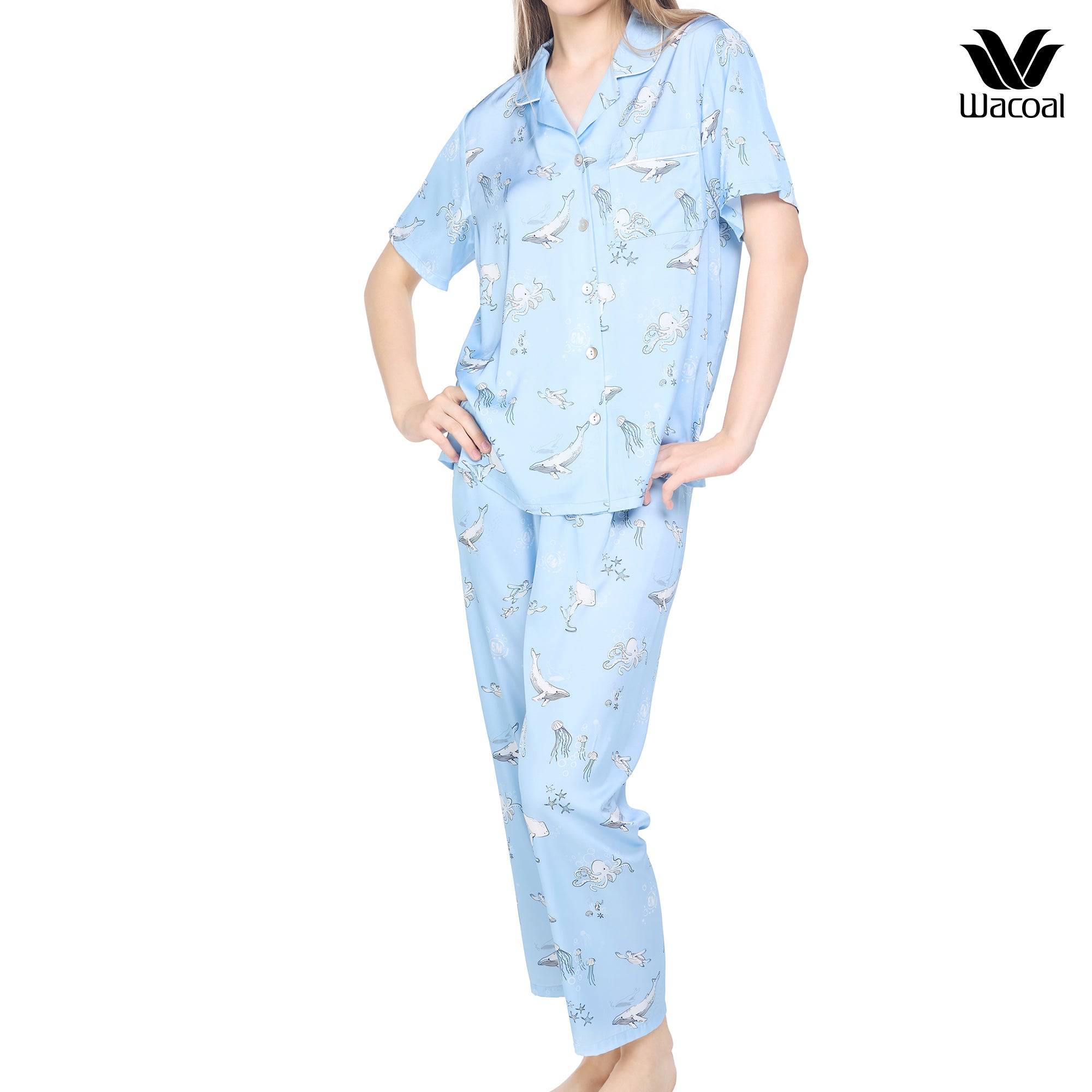 Wacoal Sleep wear ชุดนอนเสื้อแขนสั้น กางเกงขายาว ลาย Sea Life รุ่น WN7G05 สีฟ้า (ST)