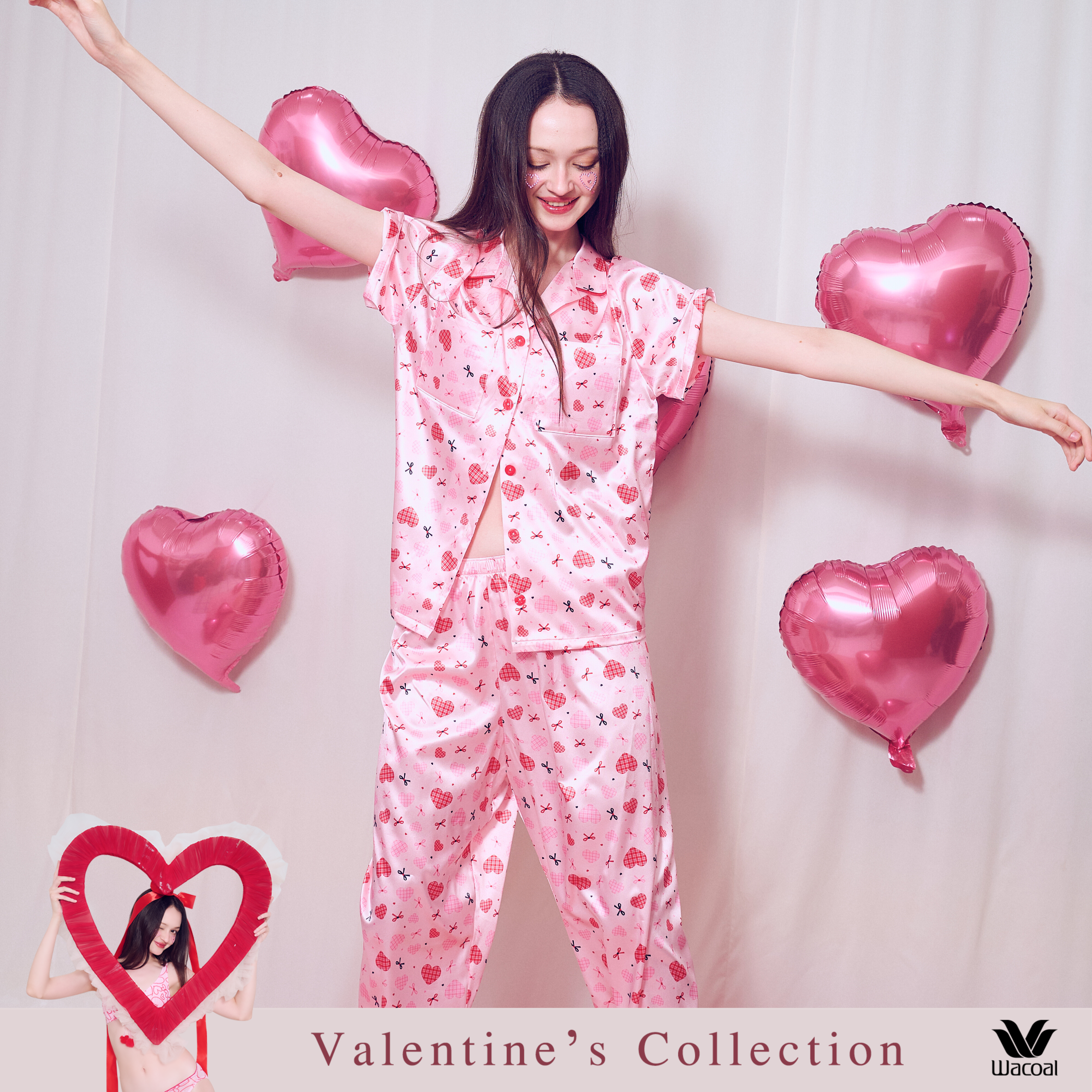 Wacoal Valentine Collection ชุดนอนกันโป๊ แขนสั้น ขายาว รุ่น WN7V30 สีชมพู (PI)