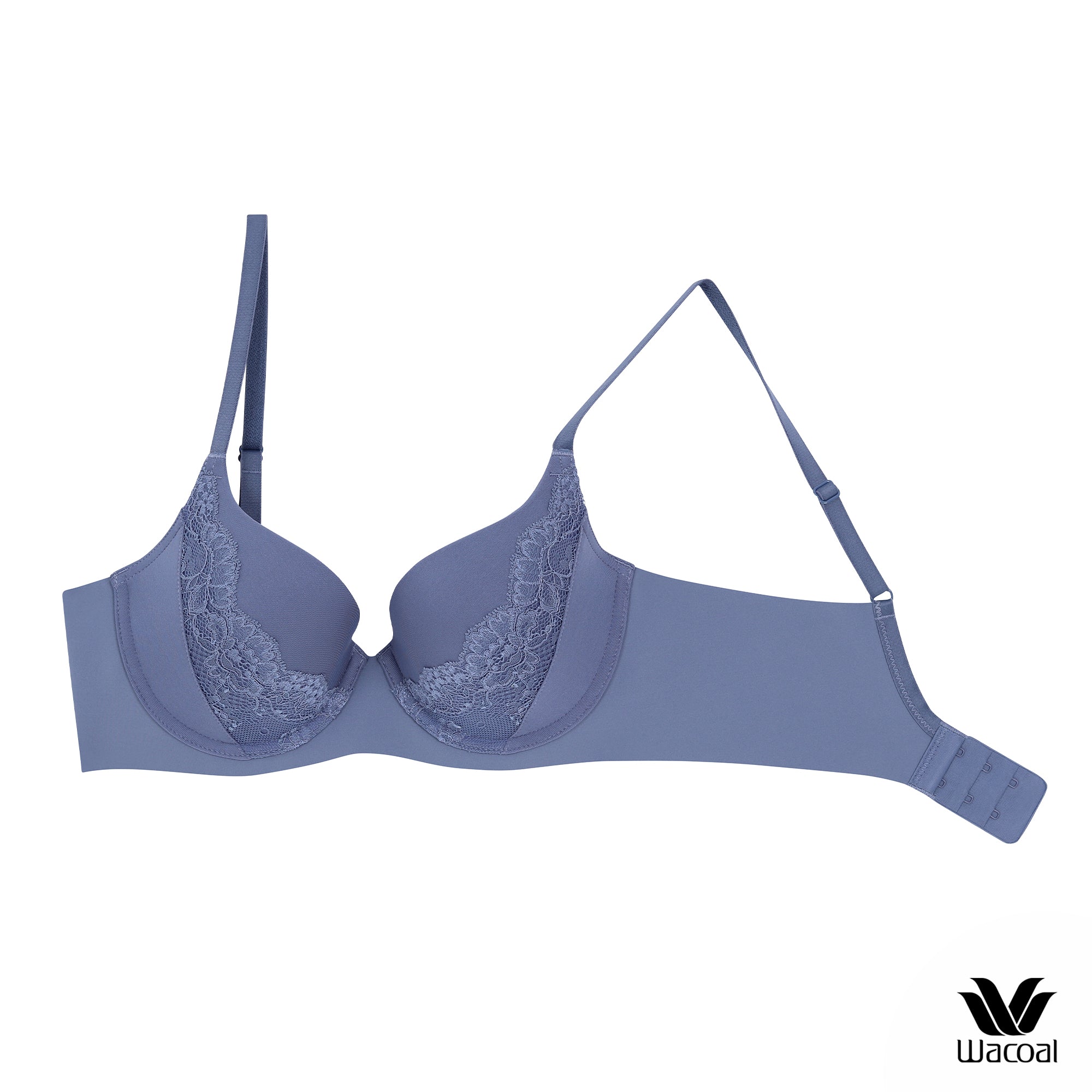 Wacoal Seamless Bra วาโก้บรามีโครง แต่งลายลูกไม้ เสริมฟองน้ำบาง 8 มม. WB5P33 สีน้ำเงิน (BU)