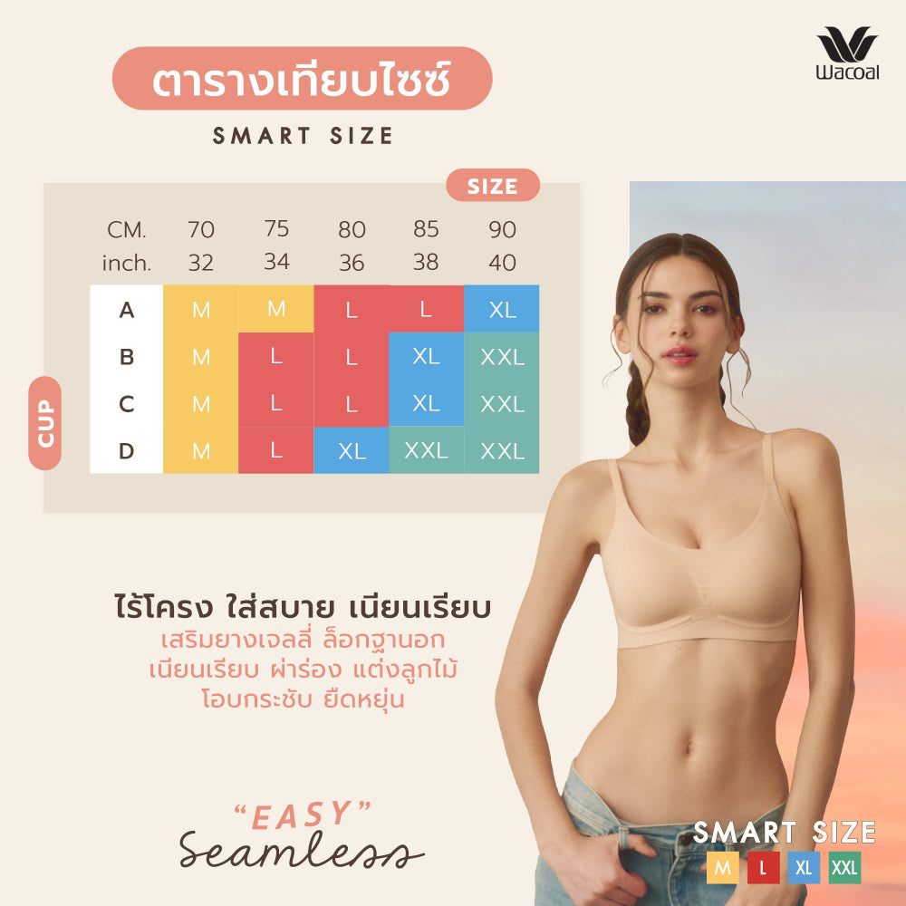 Wacoal ชุดชั้นเนียน บราไร้โครง Smart size ผ้าร่องแต่งลูกไม้ เซท 3 ชิ้น รุ่น WB3Y38/WB3338 คละสี