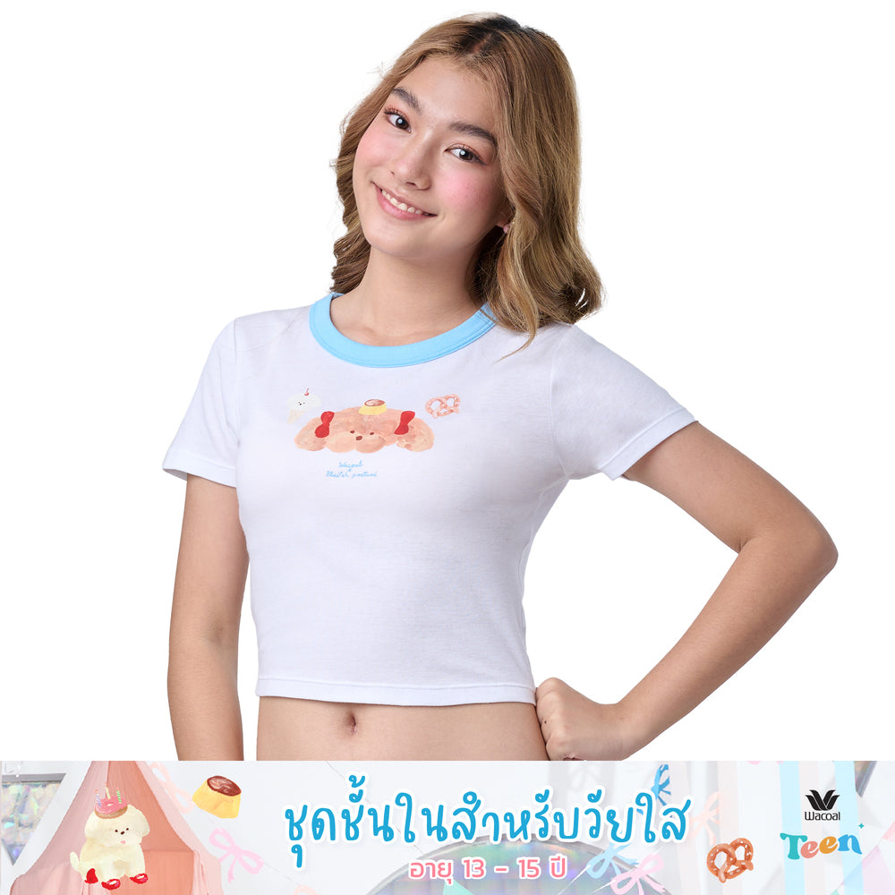 Wacoal Teen x Plaifah.postcard เสื้อยืดมีแขนสำหรับวัยใส พิมพ์ลายการ์ตูน รุ่น WH3A14 สีขาว (WH)